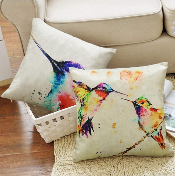 Set 4 Hummingbird Colorful Watercolor Bird Pillow Covers Throw Pillows Birds New - Picture 10 of 10